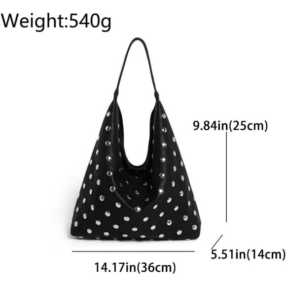 Women's Black Soft Vegan Leather Studded Shoulder Handbag Slouchy Tote Purse - Picture 6 of 6
